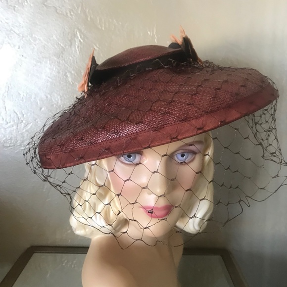STRIKING 1940S\' GARNET STRAW WIDE BRIM HAT - FEATHER BOWS & MATCHING VEIL main image 13
